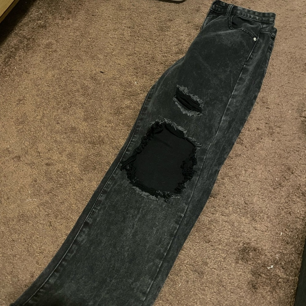 Nasty Gal Black Washed Slim Straight Jeans with Knee Rips